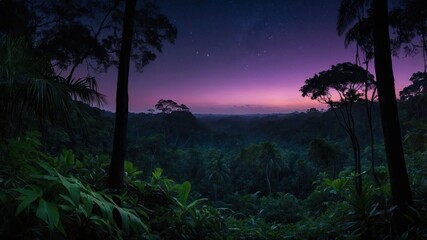 Obraz premium A serene jungle landscape at twilight, showcasing lush vegetation under a starry sky.