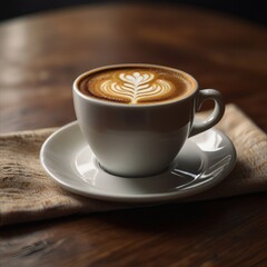 Obraz premium Close-up of a cup of coffee with latte art and a soft fabric napkin