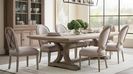 Fototapeta premium Elegant Dining Room with Farmhouse Table and Beige Upholstered Chairs
