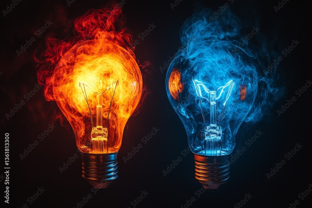 Poster artistic representation of fire and ice with light bulbs in dark background showcasing contrasting c