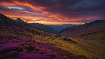 Naklejka premium A breathtaking sunset over a vibrant valley filled with colorful vegetation and distant mountains.