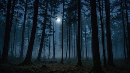 Obraz premium A serene forest scene illuminated by the moon, shrouded in mist and surrounded by tall trees.