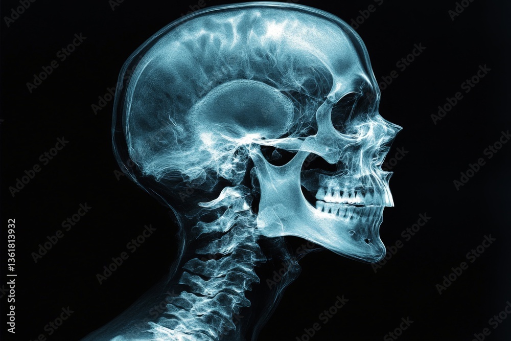 Poster x-ray of human skull showing detailed anatomy and structure in profile view under black background c