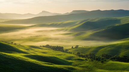 Obraz premium Misty mountain valley at sunrise