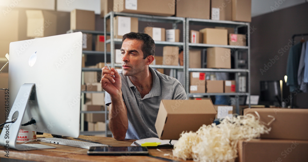 Poster box, computer and supply chain with man in distribution center for inventory checklist or update. lo