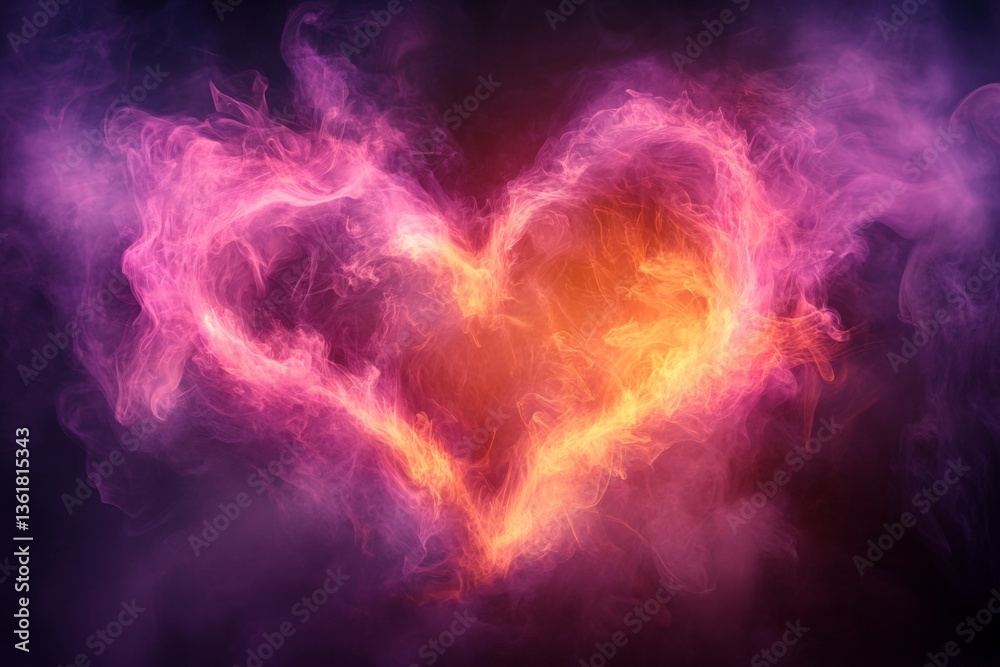 Aufkleber flaming heart shape created with vibrant colors and swirling smoke in a dark background