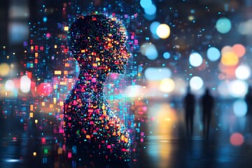 Abstract representation of a digital human silhouette amidst colorful lights and blurred figures in the background