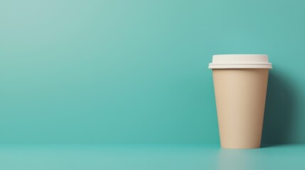 A simple, stylish coffee cup stands against a teal backdrop, evoking a modern, minimalistic aesthetic, Eco-Friendly Packaging  cup.