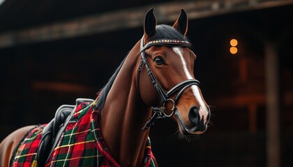Obraz premium Portrait of a Chestnut Horse with Bridle Standing Near Stables, Equine Elegance, Horse Care