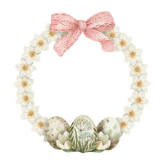 Circle wreath with white flower and Easter egg in vintage style. Hand drawn watercolor decorative festive design. Graphic round frame for greeting card template. Perfect for spring holiday season.