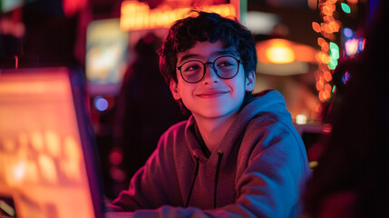 Fototapeta premium A young boy with glasses smiling in an arcade with neon lights and a hoodie in a colorful setting