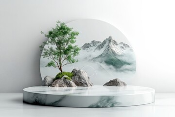 Minimalist, serene scene featuring a small tree atop rocks, set against a backdrop of misty mountains.  A circular marble platform provides a sophisticated, neutral base