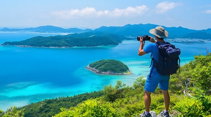 Male tourist with backpack standing on top of hill and taking photos of beautiful view of summer sea and mountains.