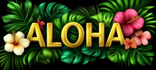Tropical Paradise Vibrant ALOHA Typography Surrounded By Lush Gold, Floral Plant Elements,