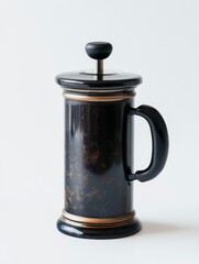 Black and Gold French Press Coffee Maker on White Background