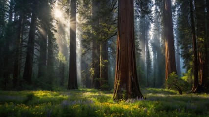 Fototapeta premium A serene forest scene with towering trees and soft sunlight filtering through, creating a tranquil atmosphere.