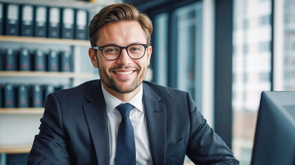 A young and energetic businessman sits and works in a modern office.