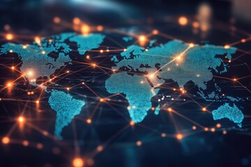 A dynamic business illustration of an interconnected financial world map with SWIFT nodes linking banks.