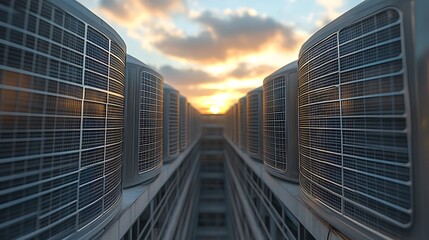 Naklejka premium Multiple air conditioning units are mounted on a rooftop building