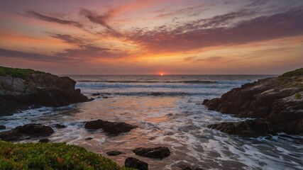 Obraz premium A serene sunset over the ocean, with waves gently crashing against rocky shores and vibrant sky colors.