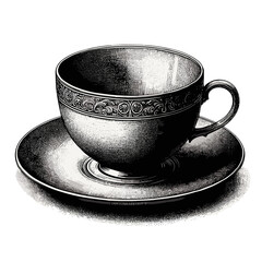 Etched Tea Cup and Saucer, Monochrome, Vintage Illustration, On White Background