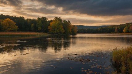 Fototapeta premium A serene lakeside view at sunset, featuring colorful trees and reflective water under a cloudy sky.