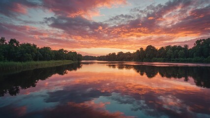 Obraz premium A serene sunset over a river, reflecting vibrant colors and surrounded by lush trees.