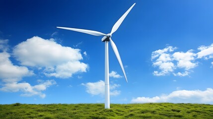 Fototapeta premium Clean Energy Wind Turbine on Green Grassy Hill under Blue Sky with Fluffy Clouds