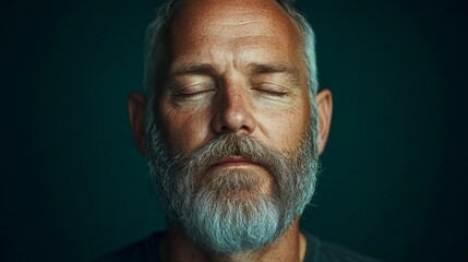 Fototapeta premium A middle-aged man with a well-groomed beard closes his eyes, exuding calmness and tranquility. The deep green background enhances his serene expression, creating a soothing atmosphere