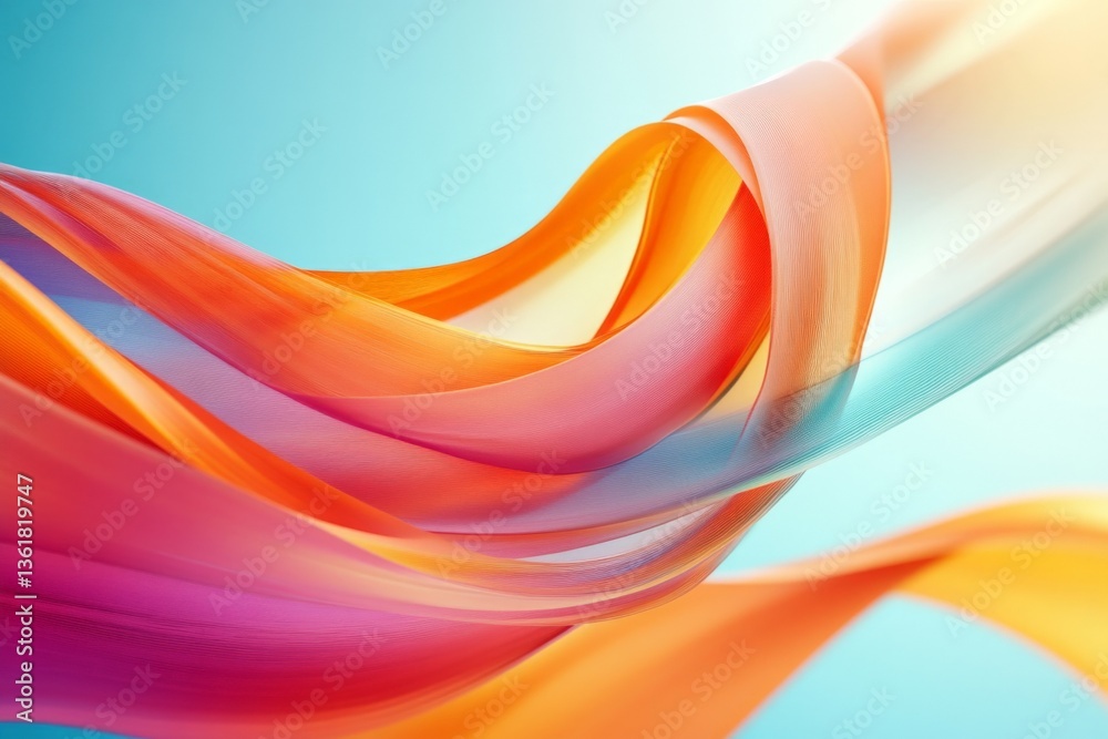 Poster flowing ribbons create a vibrant display of colors against a soft blue background in bright sunlight
