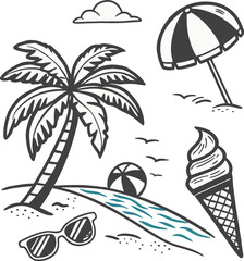 Charcoal Chalk Style Vector Summer Set Illustrations