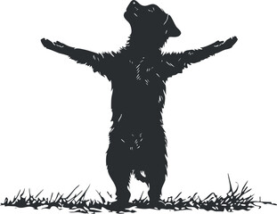 Silhouette of a dog standing with open arms on grass, perfect for joyful designs.