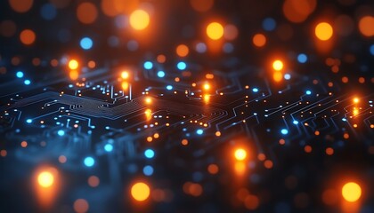 An abstract representation of data transfer and electronic circuitry is shown