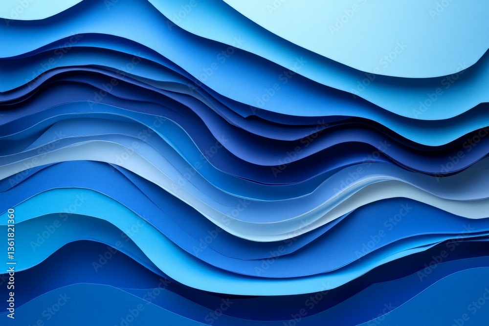 Poster Layers of blue paper create a dynamic, flowing abstract representation of ocean waves in a minimalist style