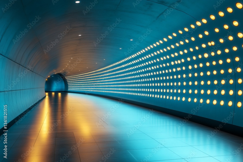 Poster Illuminated tunnel with unique lighting design in a modern urban setting during evening hours