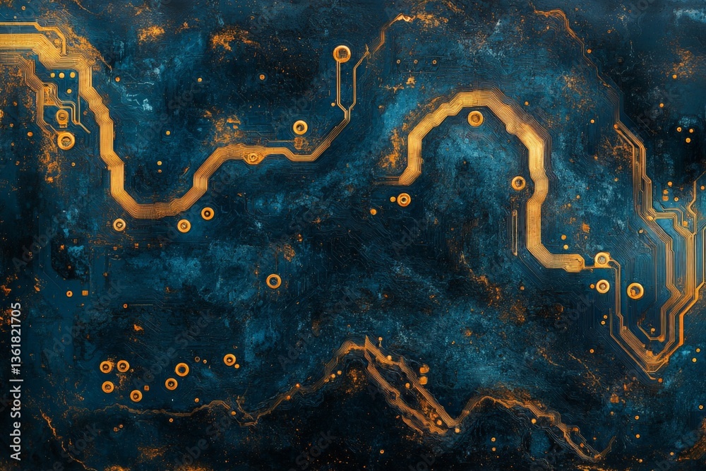 Poster Abstract circuit design with golden lines against a dark blue textured background showcasing intricate patterns and connections