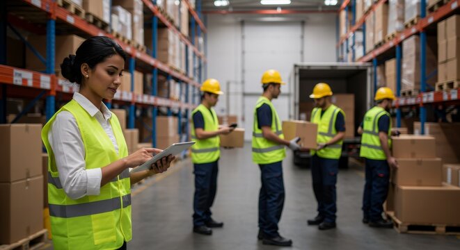 Asian woman using tablet in warehouse with diverse team. Logistics management, inventory control. Industrial workplace safety, multicultural workforce concept
