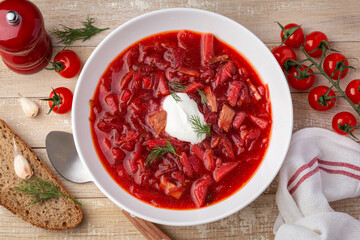 borscht. soup with beetroot, meat and vegetables