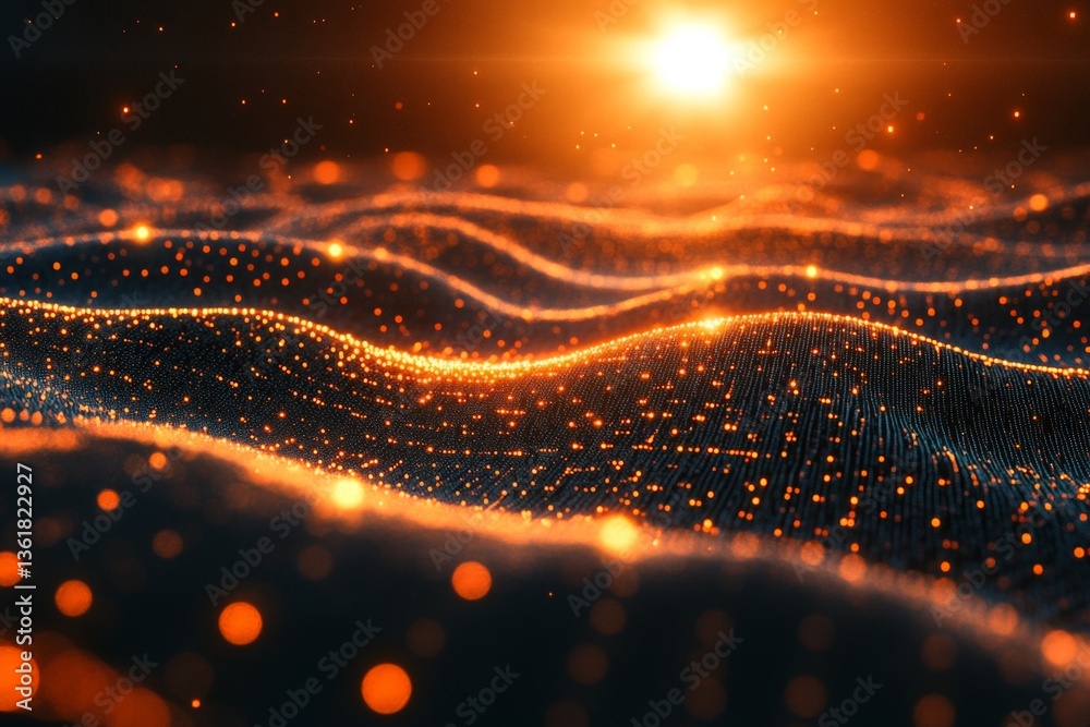 Poster Digital landscape with glowing particles illuminated by sunrise presents an ethereal atmosphere of interconnected waves in a futuristic setting