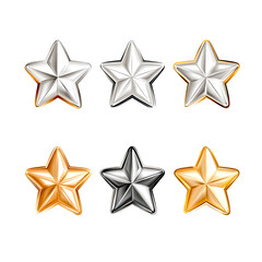 Obraz premium Set of realistic metallic gold, silver and white stars on transparent background