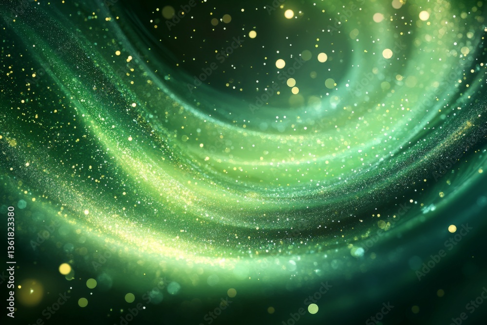 Poster Bright green swirling patterns capturing light and creating an ethereal atmosphere in a dark background