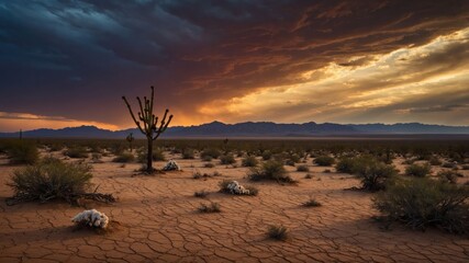 Naklejka premium A dramatic desert landscape at sunset, showcasing a solitary cactus and rugged mountains in the background.