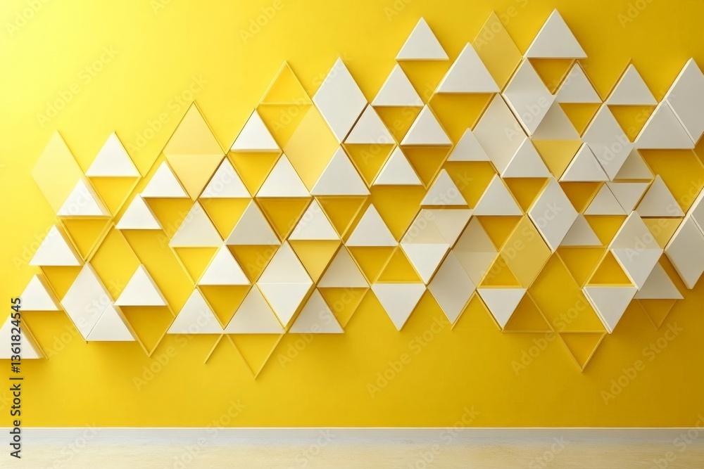 Poster artistic wall design with triangular shapes in a bright yellow space showcasing modern decor