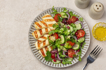 fried halloumi cheese with fresh vegetable  salad