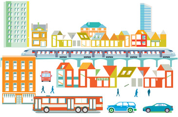 Stadtsilhouette einer  Stadt mit Bus, Autos, Illustration.eps