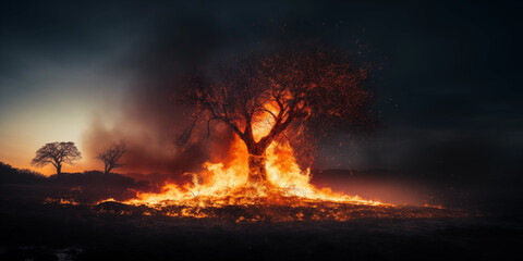 A lone tree burns intensely as twilight fades. A haunting image of nature&rsquo;s vulnerability, evoking urgency, silence, and emotional impact.