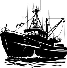 Black and White Fishing Vessel Illustration – Vintage Marine Silhouette