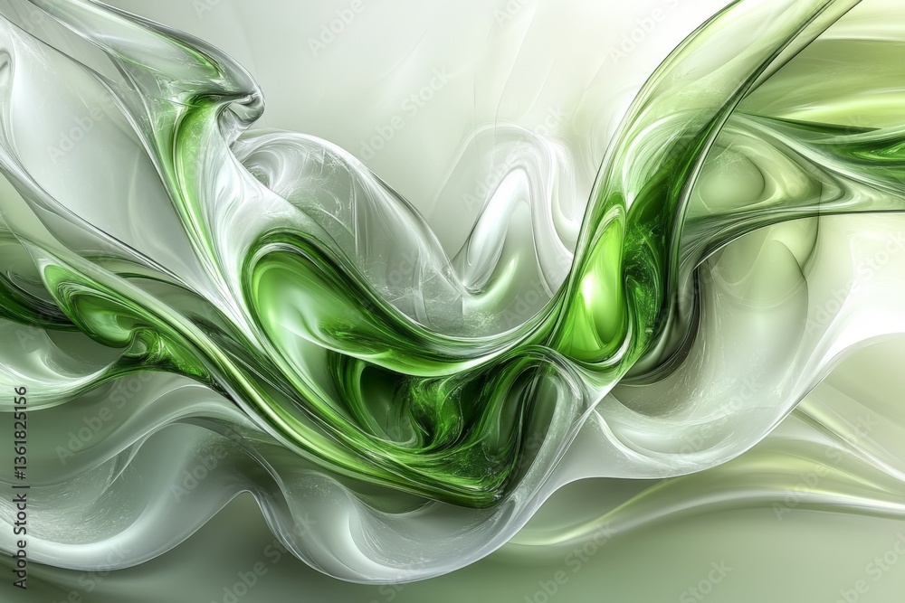 Poster swirling green and white abstract design showcasing fluid movement and organic shapes in a serene co