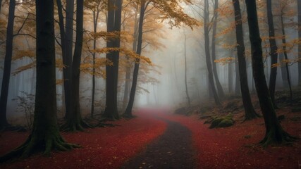 Obraz premium A misty forest path covered in vibrant autumn leaves, creating a serene and tranquil atmosphere.