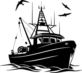 Black and White Fishing Vessel Illustration – Vintage Marine Silhouette
